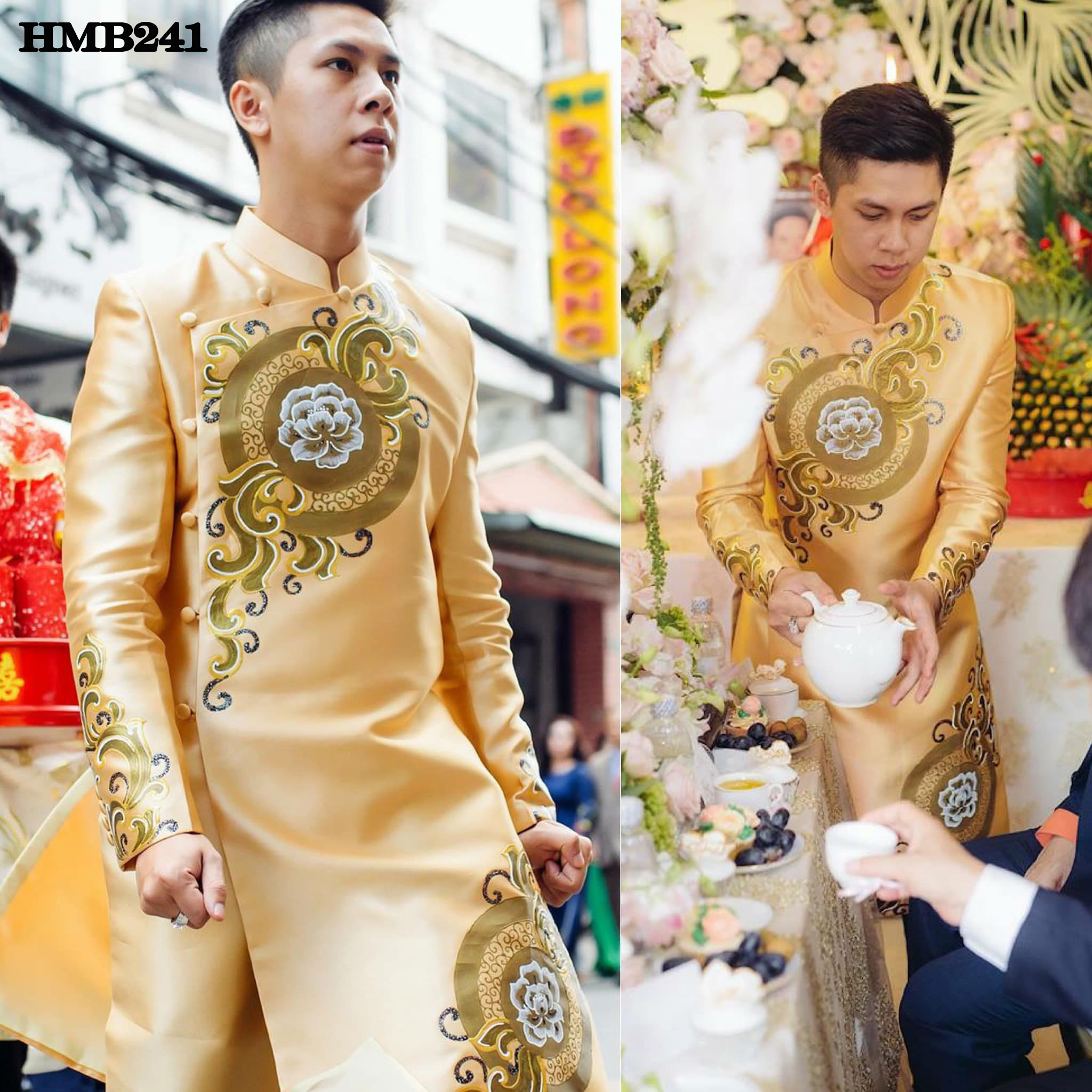 Áo dài cưới nam màu vàng đồng họa tiết vẽ tay