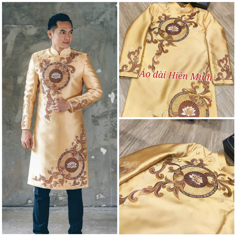 áo dài nam màu vàng đồng họa tiết vẽ tay