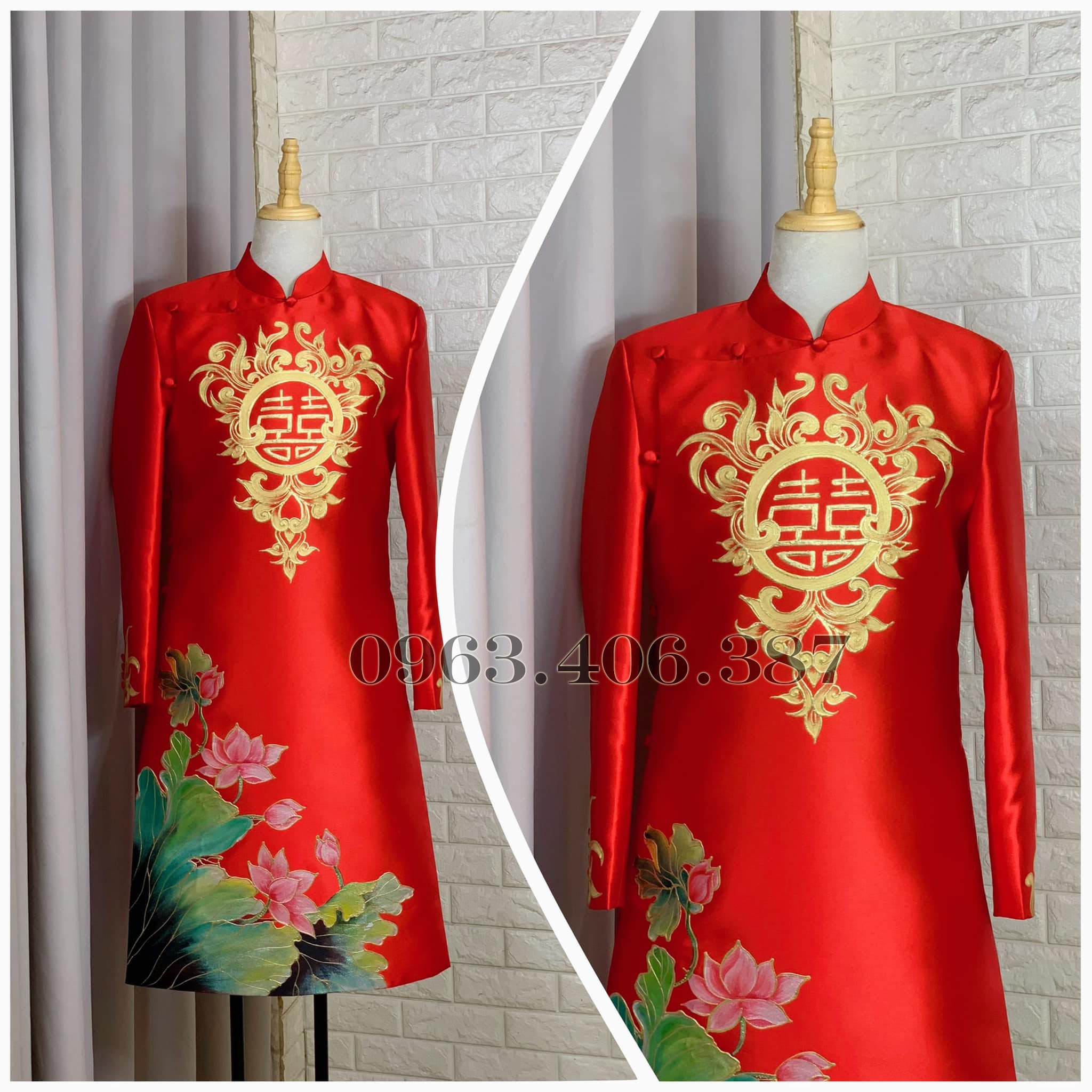 z3831572862399_5ec2bc6205b5d944f61328cb8606858b áo dài nam màu đỏ họa tiết vẽ tay cho chú rể