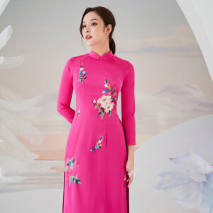 Áo dài cưới hỏi cho cô dâu màu hồng thêu hoa