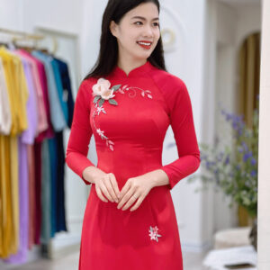 áo dài đám hỏi cô dâu kết hoa lụa đỏ quần màu xanh