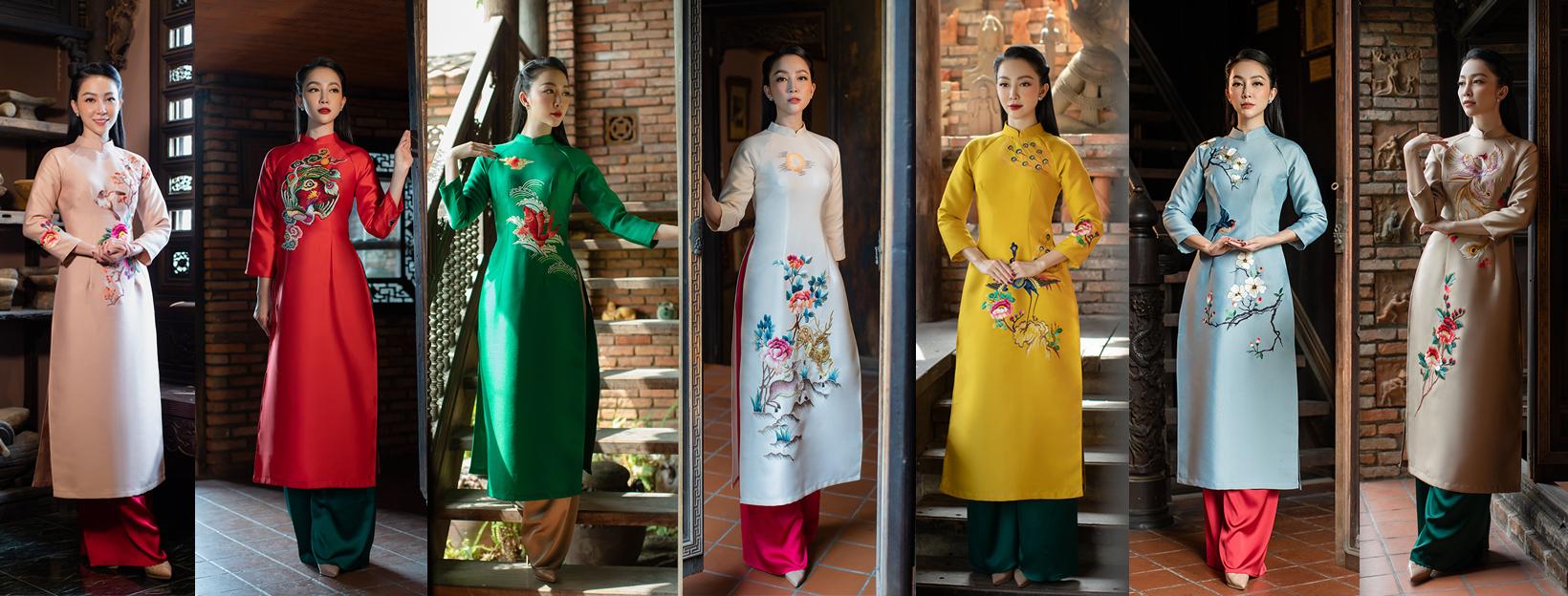 Áo dài đồng phục công sở nhiều màu họa tiết thêu tay sang trọng