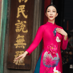 áo dài nữ màu hồng cánh sen thêu hoa sen quần xanh lá