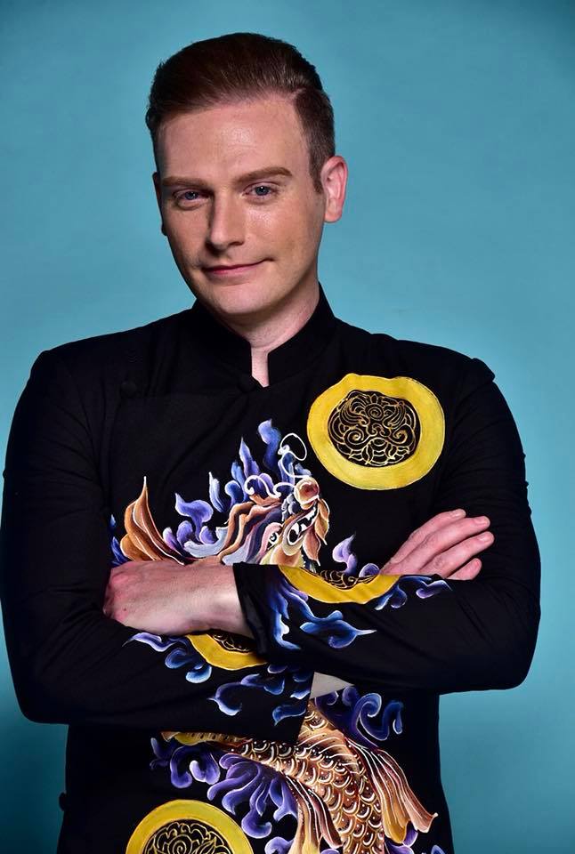 áo dài dự tiệc nam màu đen cá chép hóa rồng