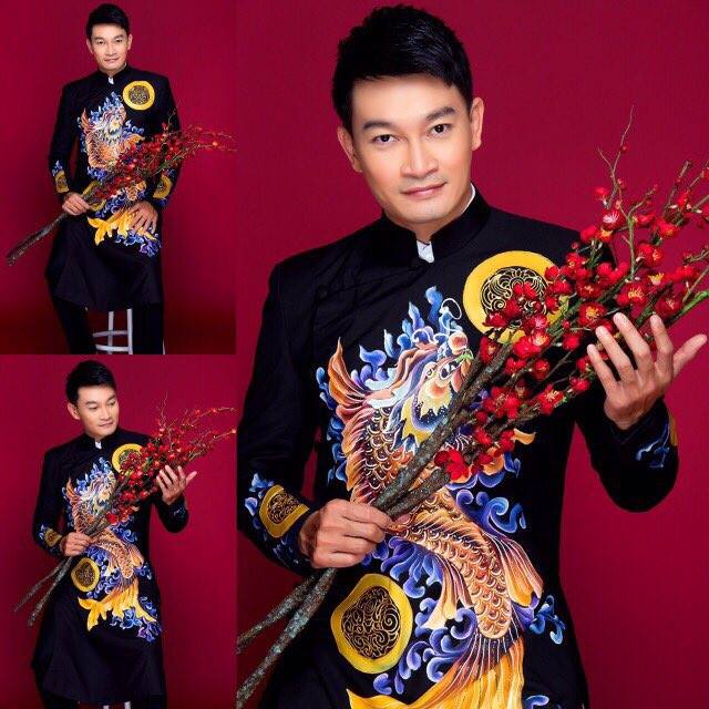 áo dài dự tiệc nam màu đen cá chép hóa rồng