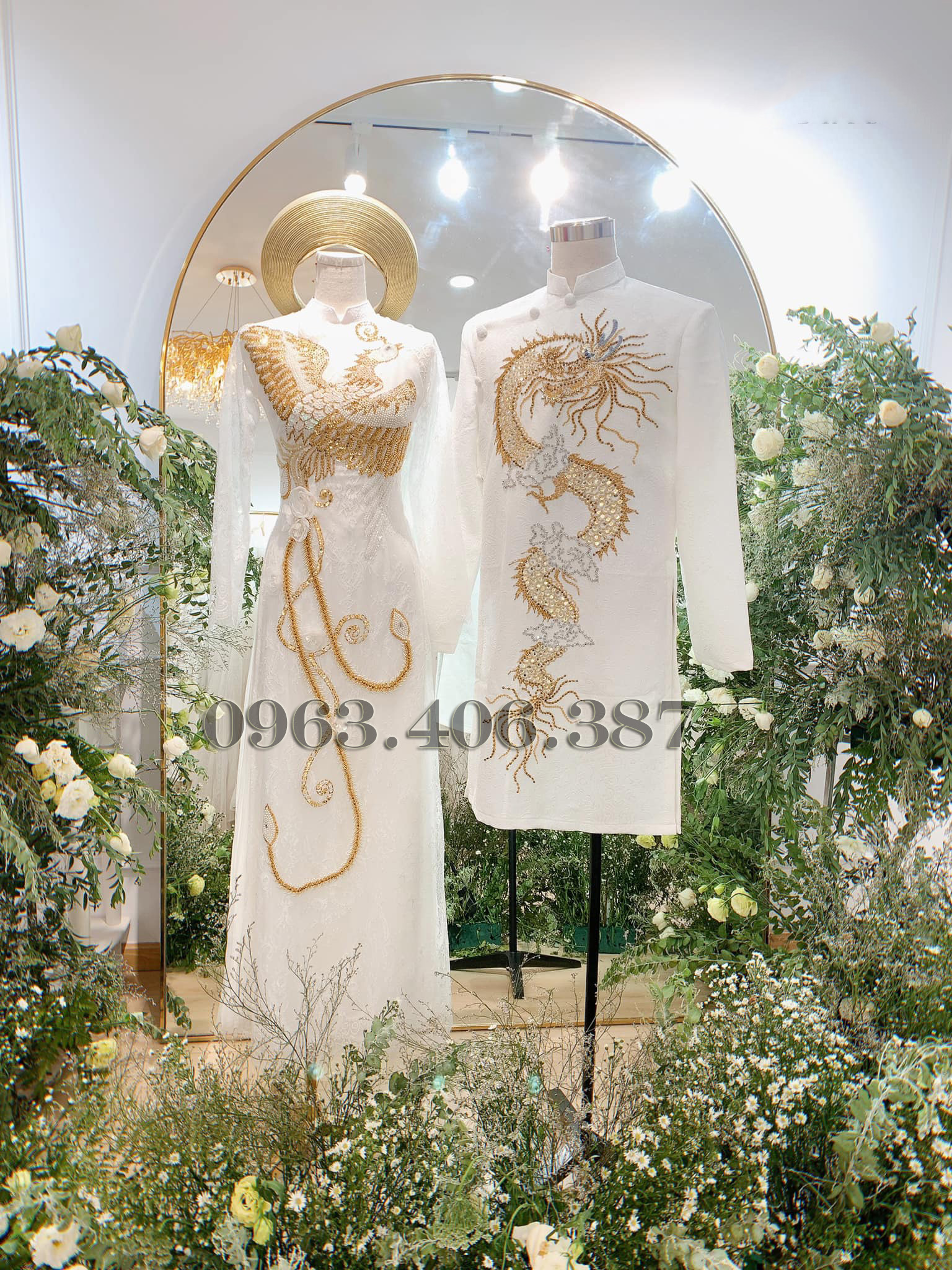 Áo dài cưới cặp hoạ tiết LONG - PHỤNG cao cấp