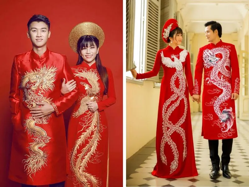 áo dài cách tân cưới màu đỏ cặp đôi rồng phượng cho chú rể, cô dâu