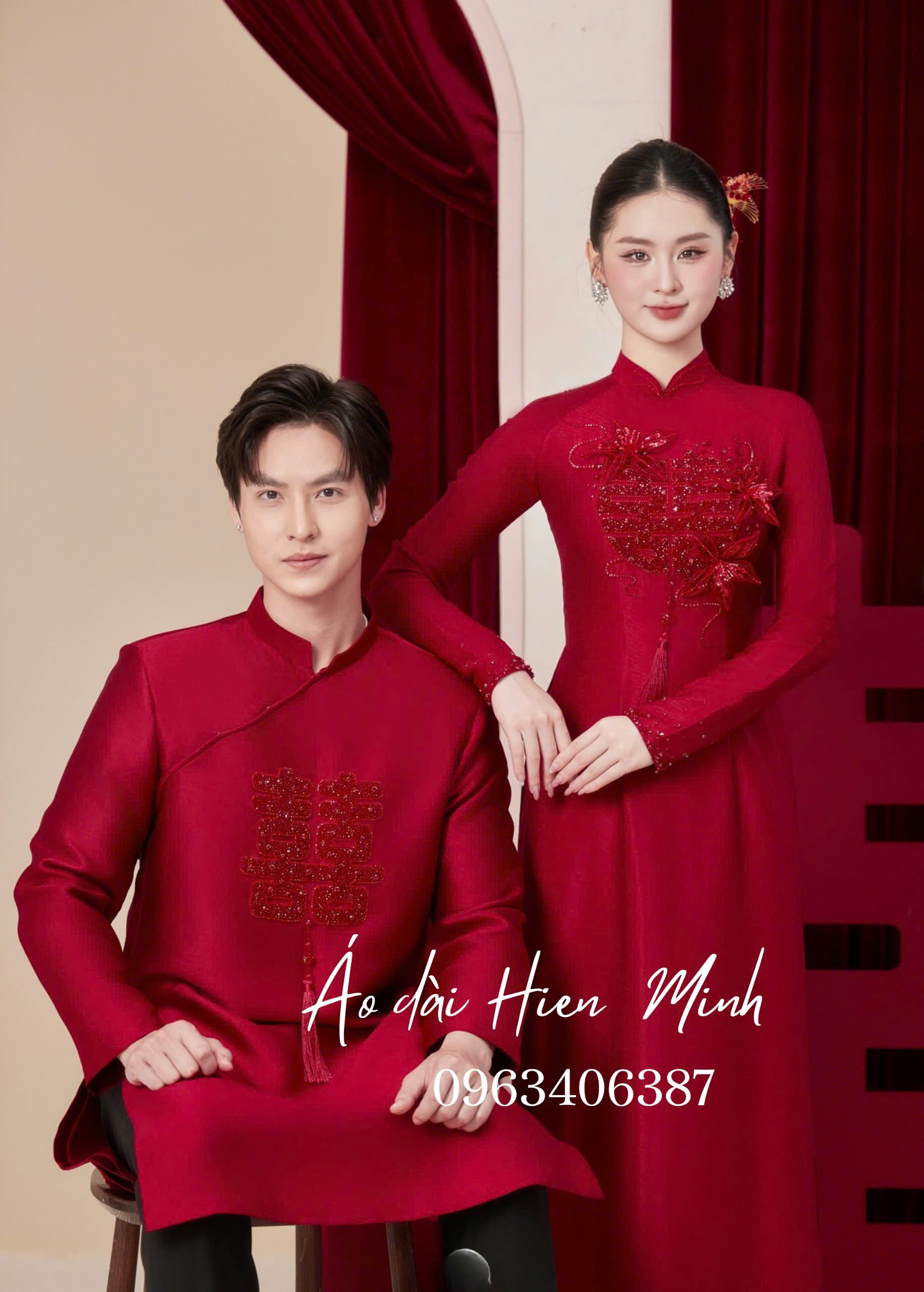 Áo dài đôi màu đỏ truyền thống hoạ tiết Song Hỷ đính kết