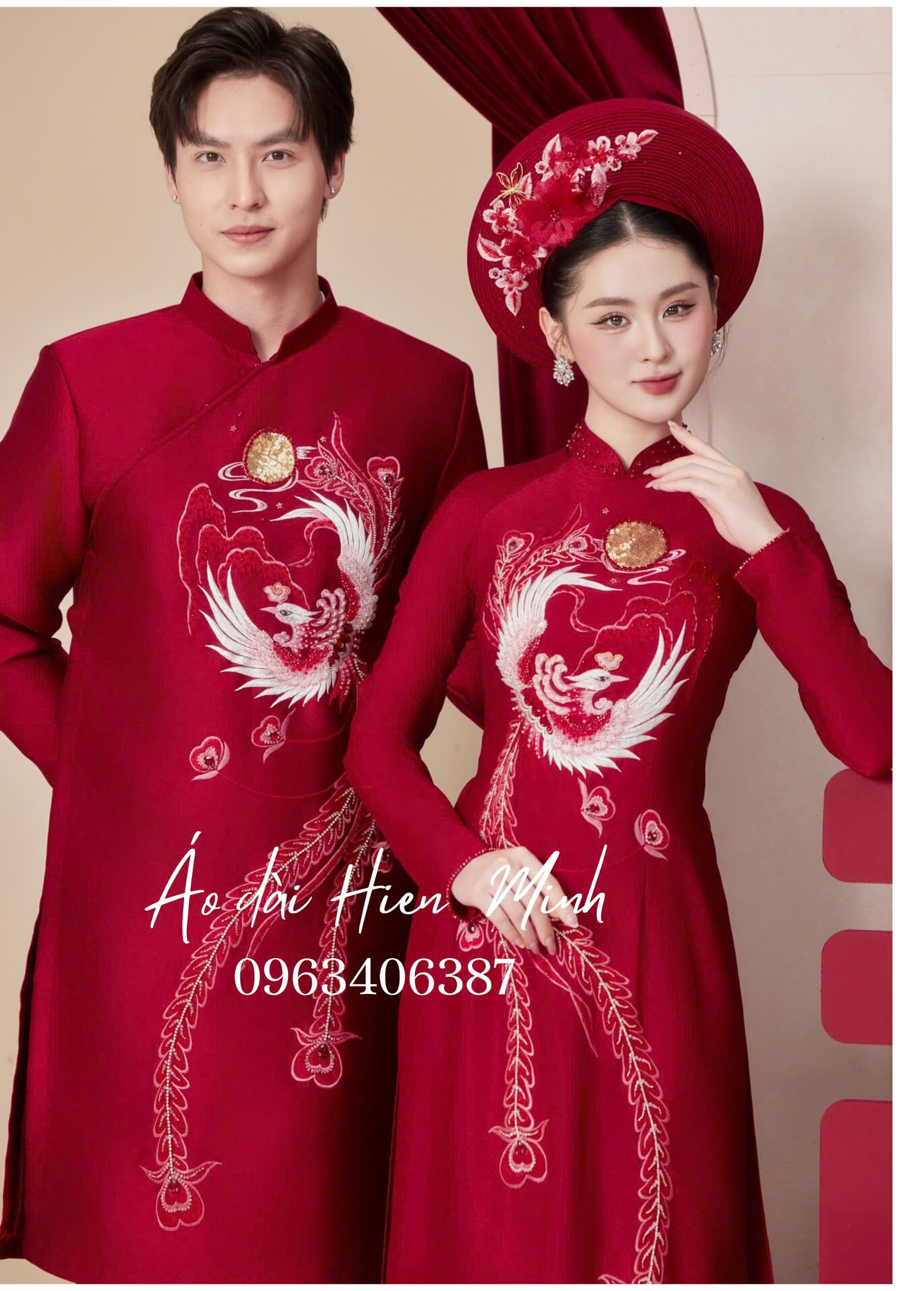 Áo dài cưới truyền thống màu đỏ hoạ tiết Long - Phụng thêu cao cấp