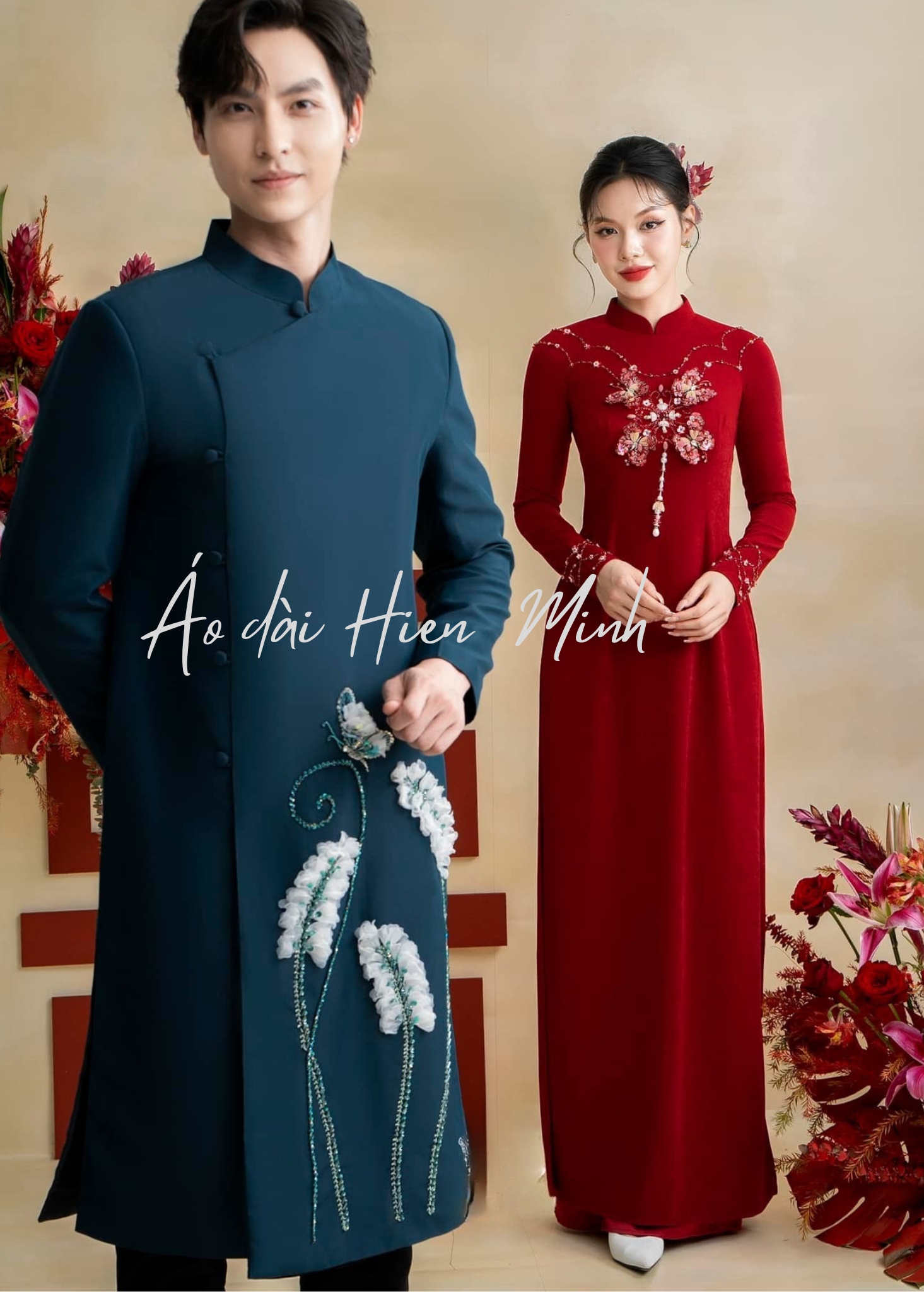 áo dài cách tân nam màu xanh than họa tiết thêu