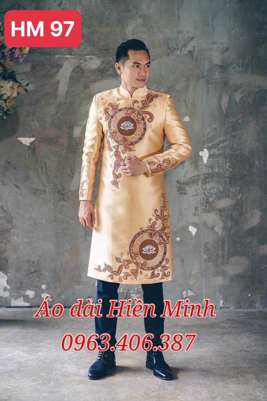 Áo dài cưới nam màu vàng đồng họa tiết vẽ tay