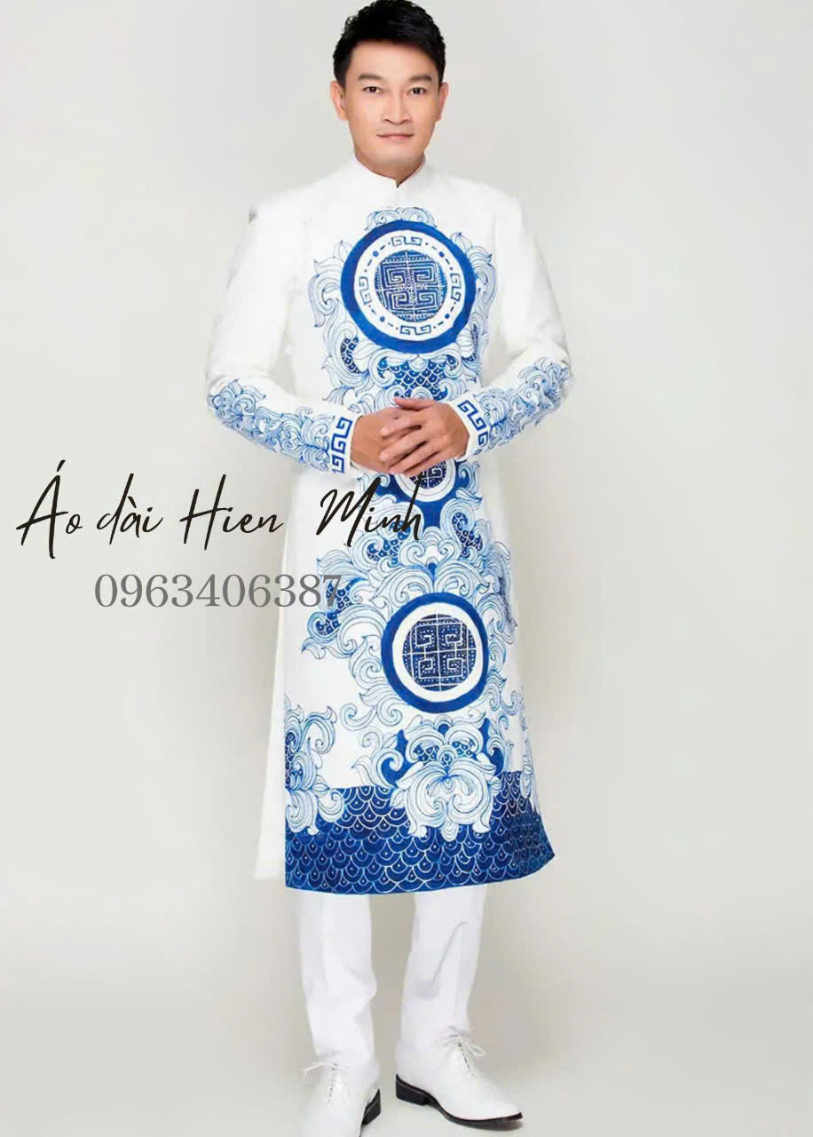 Áo dài cách tân nam màu trắng hoạ tiết vẽ nổi bật