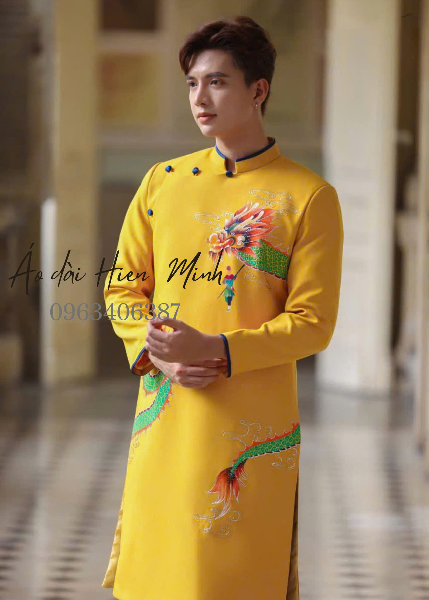 Áo dài cách tân nam màu vàng - Hoạ tiết rồng vẽ tay cao cấp