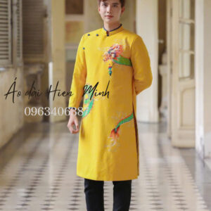 Áo dài cách tân nam màu vàng - Hoạ tiết rồng vẽ tay cao cấp
