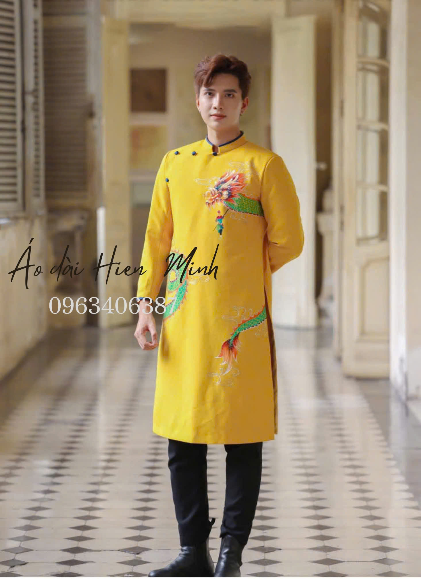 Áo dài cách tân nam màu vàng - Hoạ tiết rồng vẽ tay cao cấp