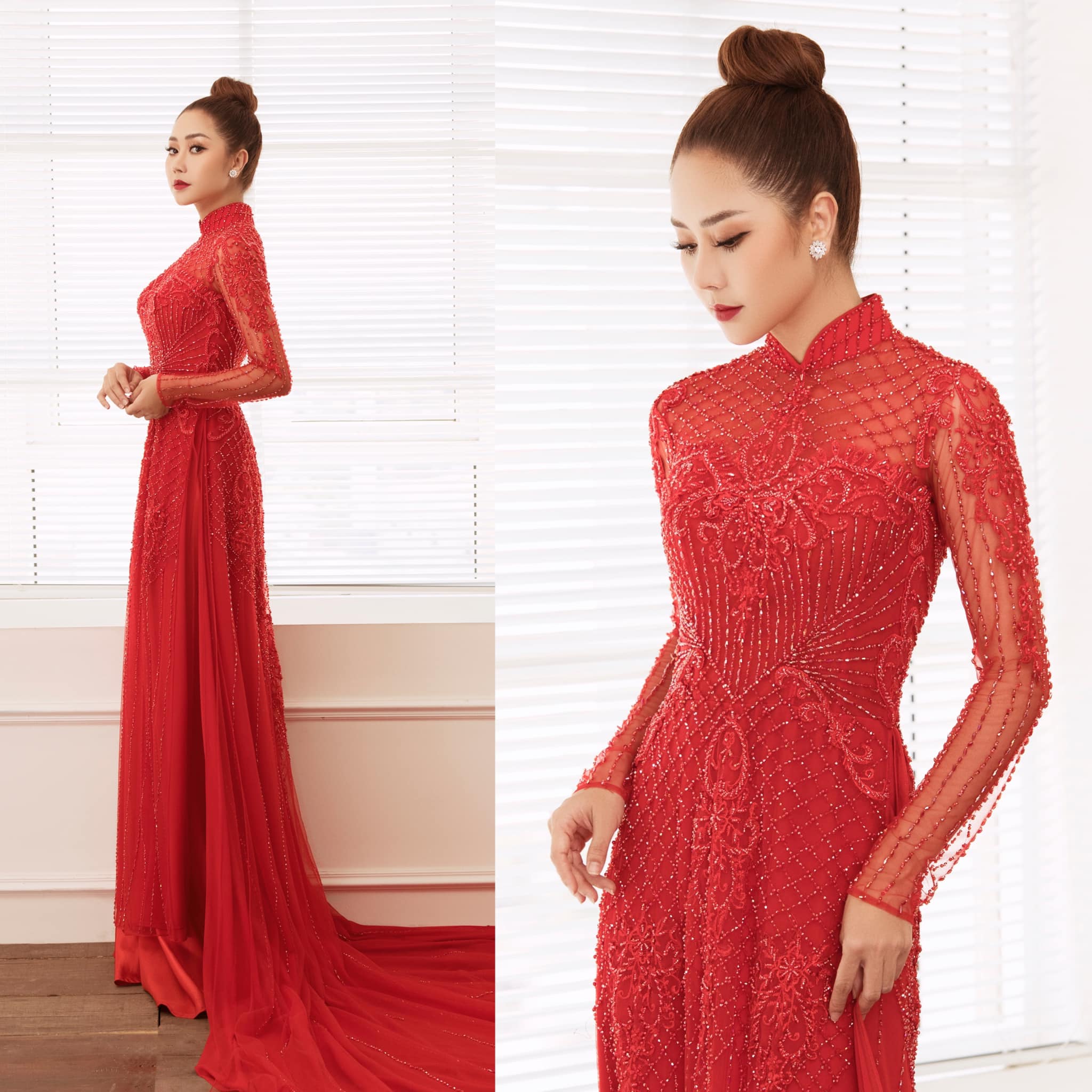 Áo dài cô dâu màu đỏ thiết kế sang trọng, quyến rũ