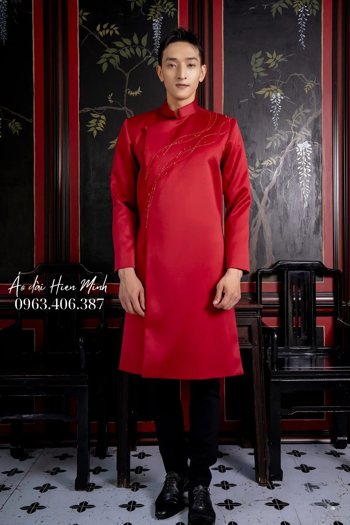 Áo dài nam màu đỏ hoạ tiết đính kết cao cấp