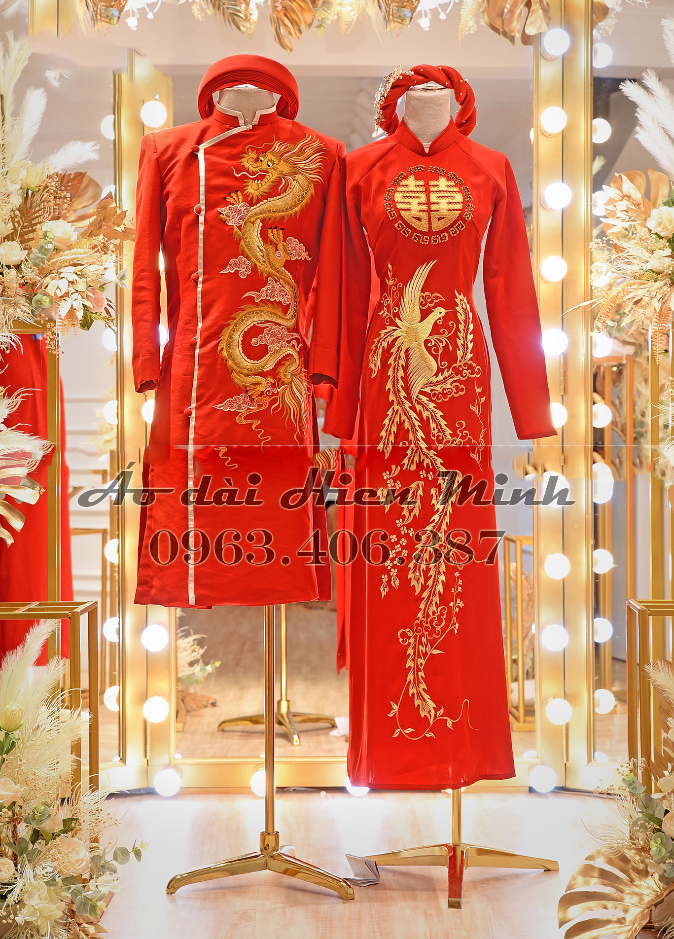 Áo dài ăn hỏi màu đỏ hoạ tiết Long Phụng thêu cao cấp