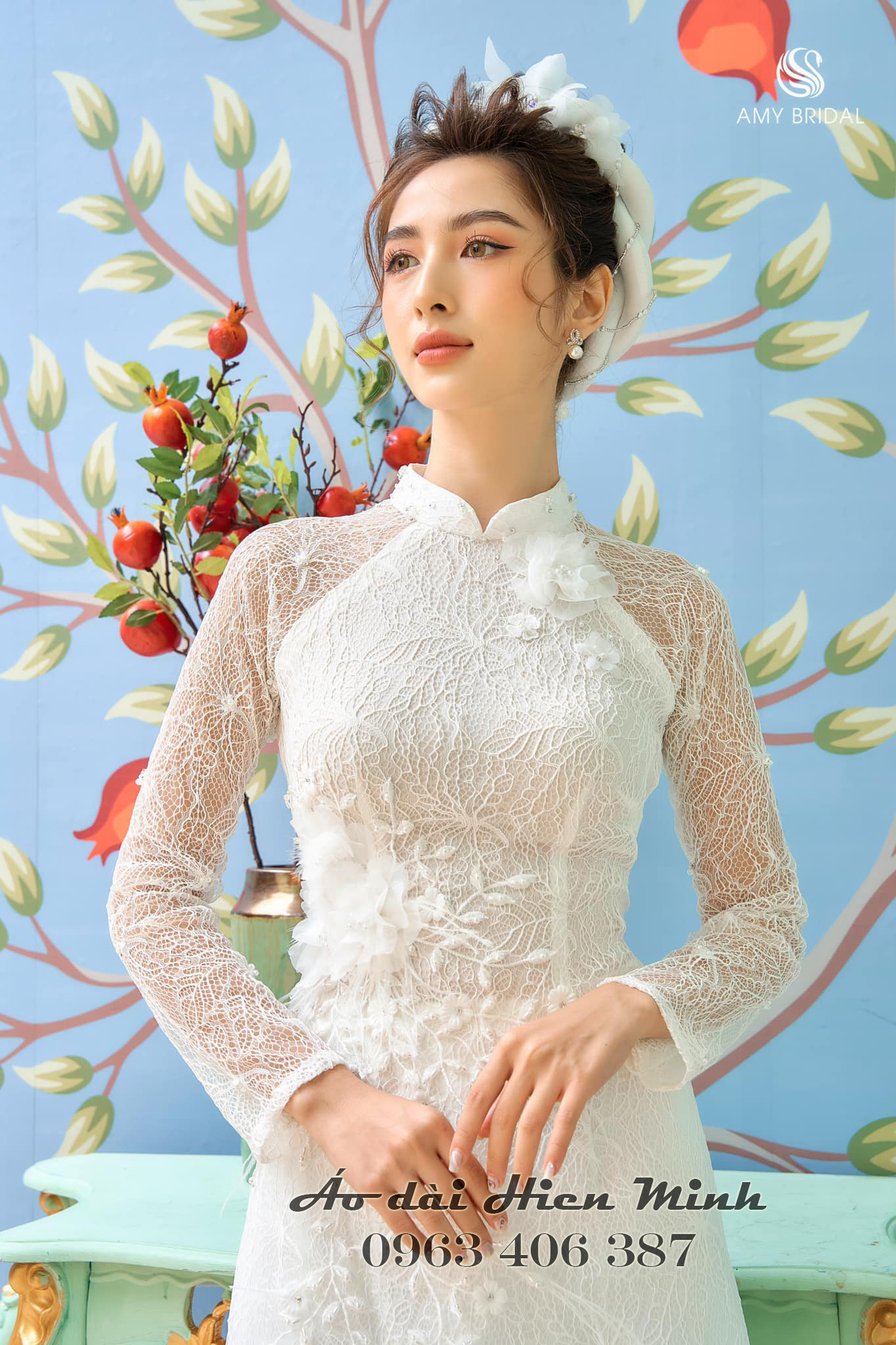 Áo Dài Cô Dâu Ren Trắng Phối Hoa 3D Thanh Lịch, Sang Trọng