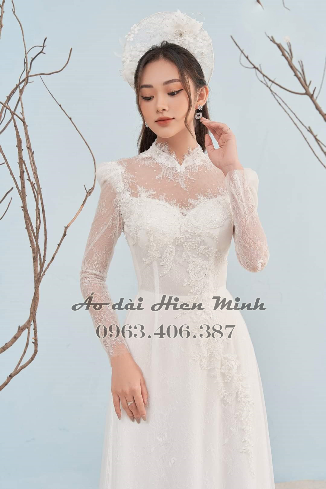 Áo Dài Cô Dâu Trắng Ren Phối Đính Đá Cao Cấp