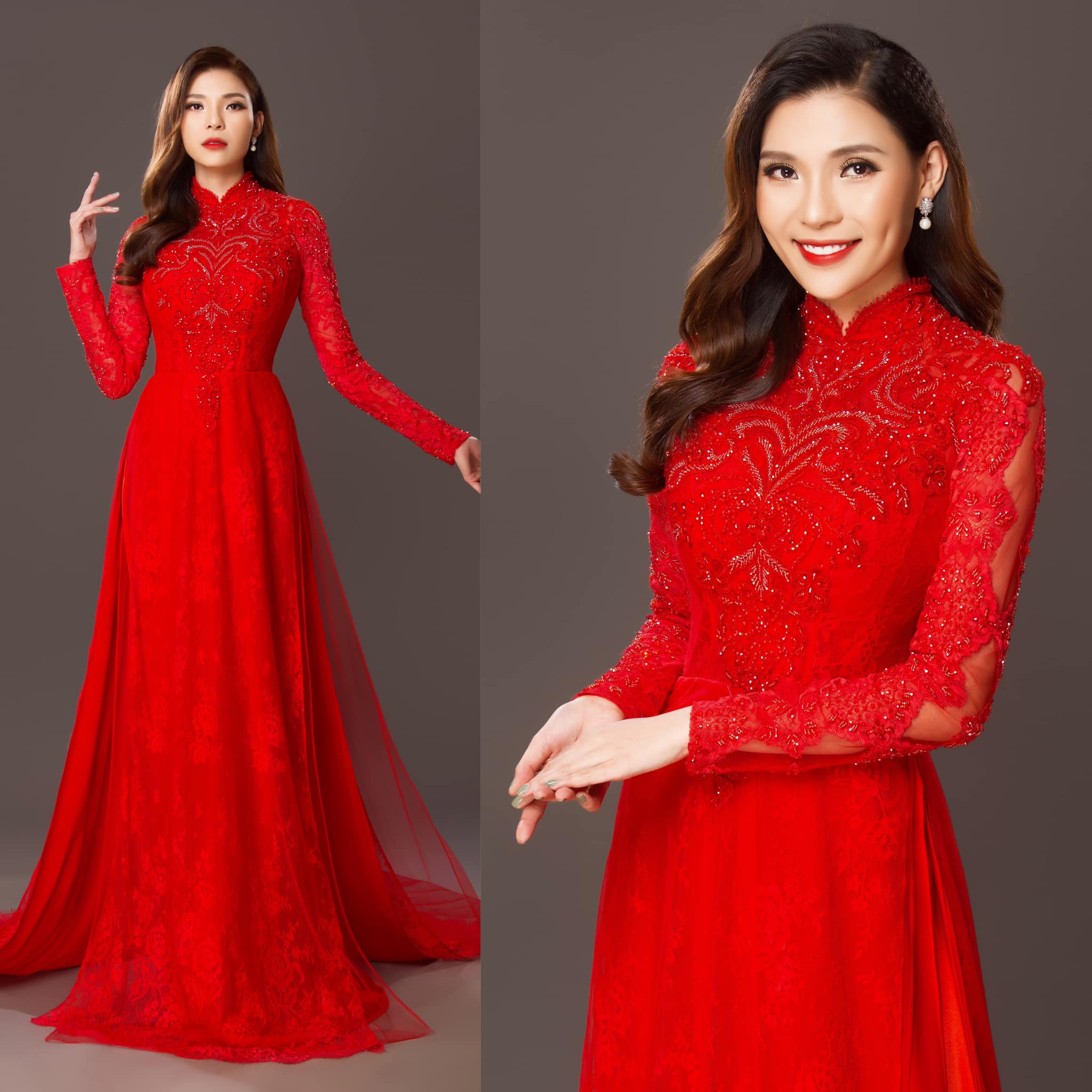 Áo Dài Cô Dâu Màu Đỏ Đính Kết | Áo Dài Cưới Đỏ Pha Lê Cao Cấp