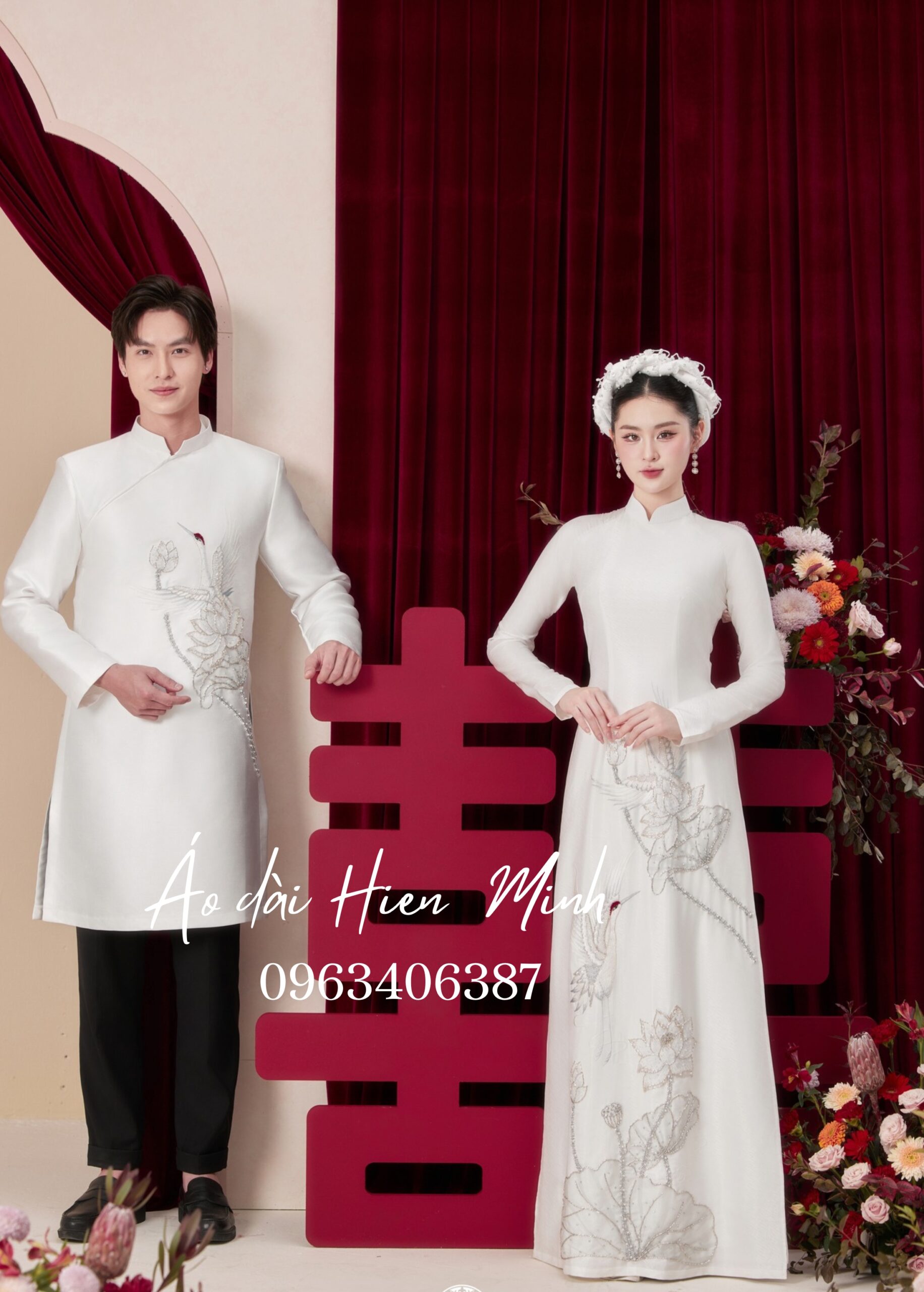 Áo dài cưới đôi màu trắng hoạ tiết hoa sen cao cấp