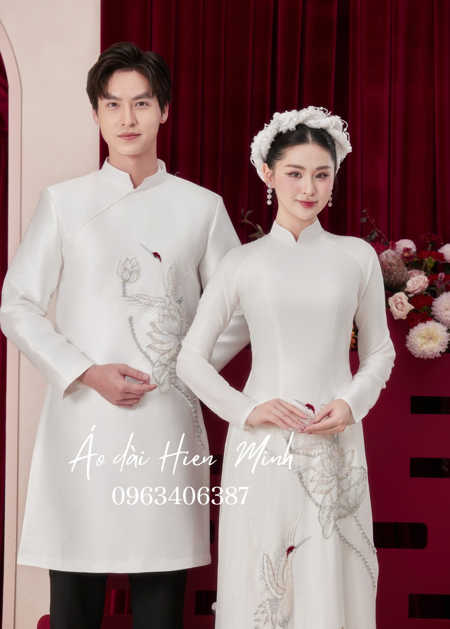 Áo dài cưới đôi màu trắng hoạ tiết hoa sen cao cấp