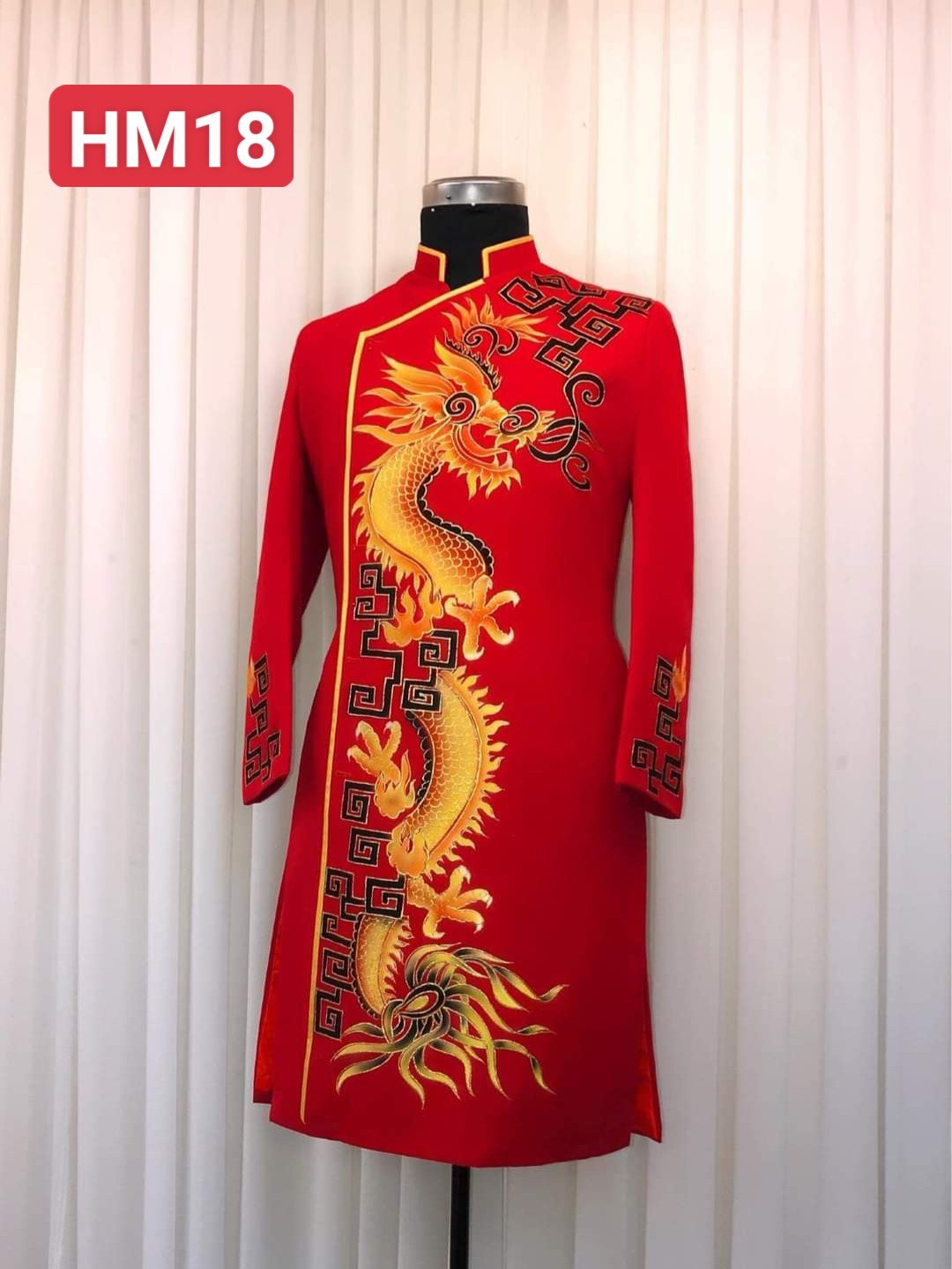 Áo dài cách tân nam màu đỏ hoạ tiết rồng mạnh mẽ, nam tính