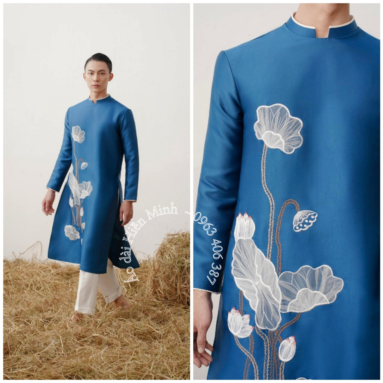 Áo dài nam màu xanh cổ vịt thêu hoa sen