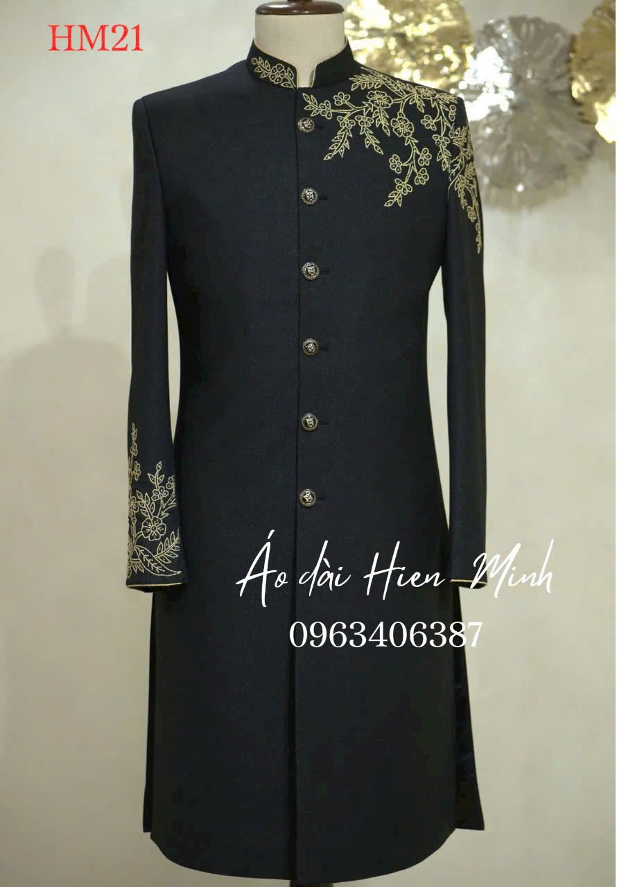 Áo dài cách tân nam màu đen hoạ tiết thêu cao cấp
