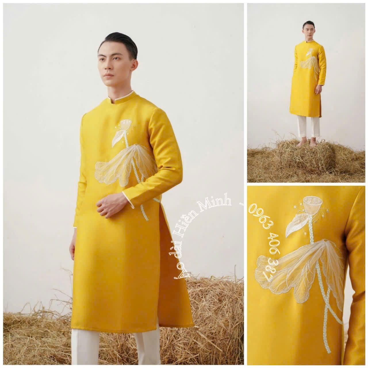 Áo dài cách tân nam màu vàng hoạ tiết thêu cao cấp