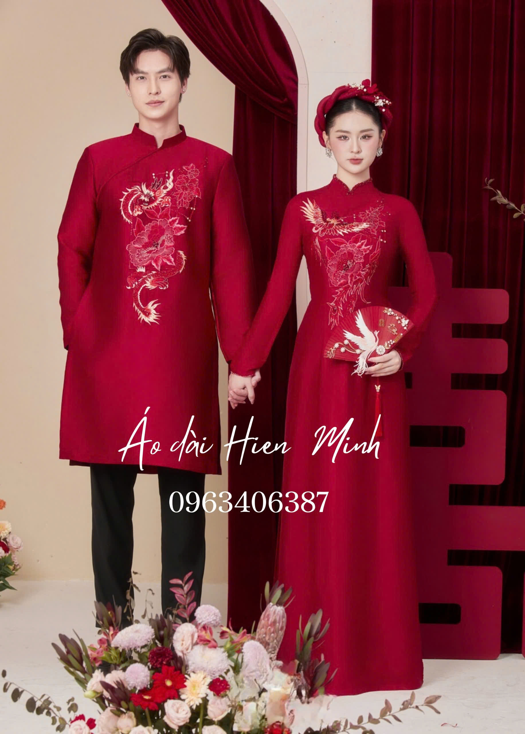 Áo dài ăn hỏi màu đỏ hoạ tiết Long Phụng thêu tay cao cấp