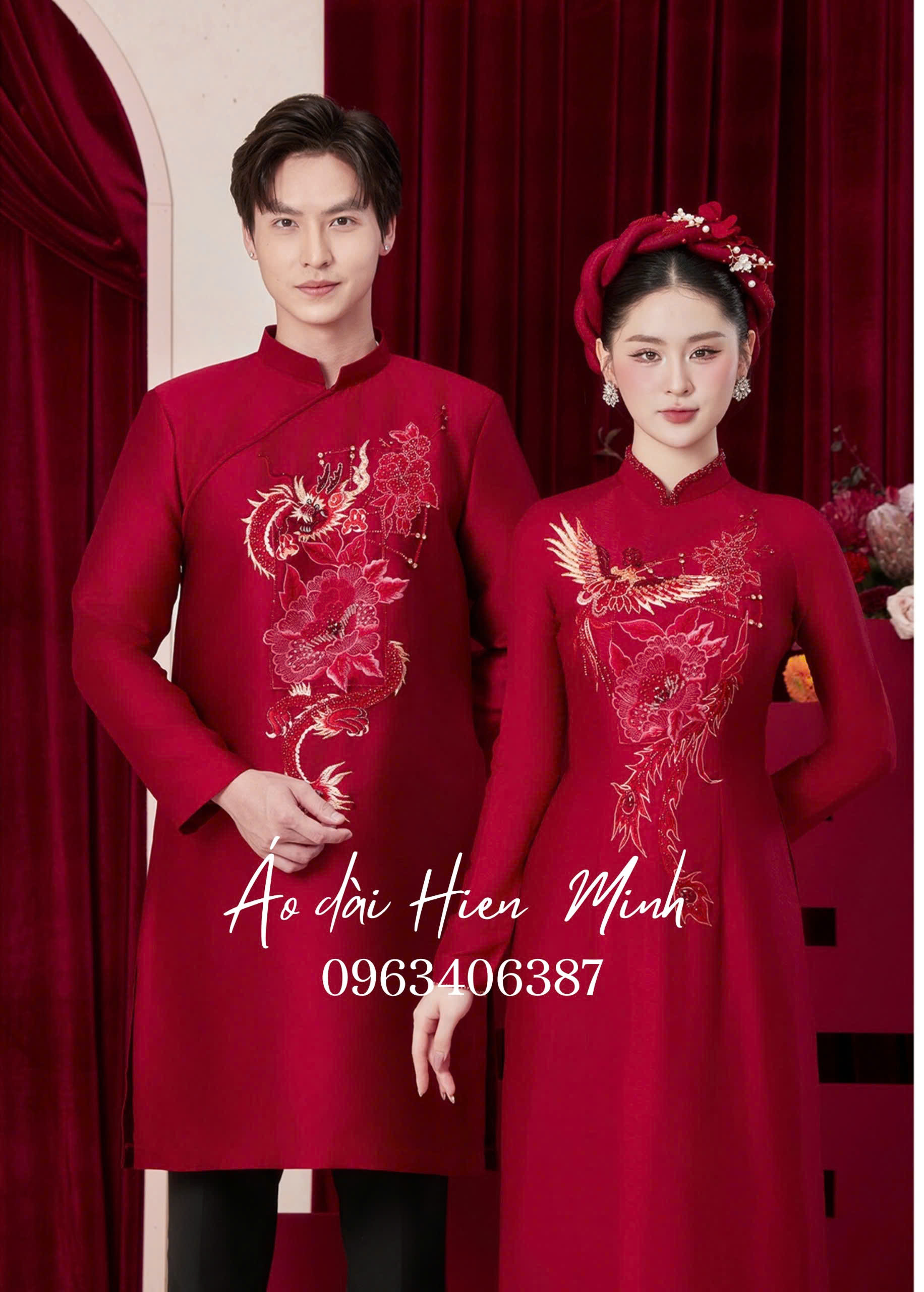 Áo dài ăn hỏi màu đỏ hoạ tiết Long Phụng thêu tay cao cấp