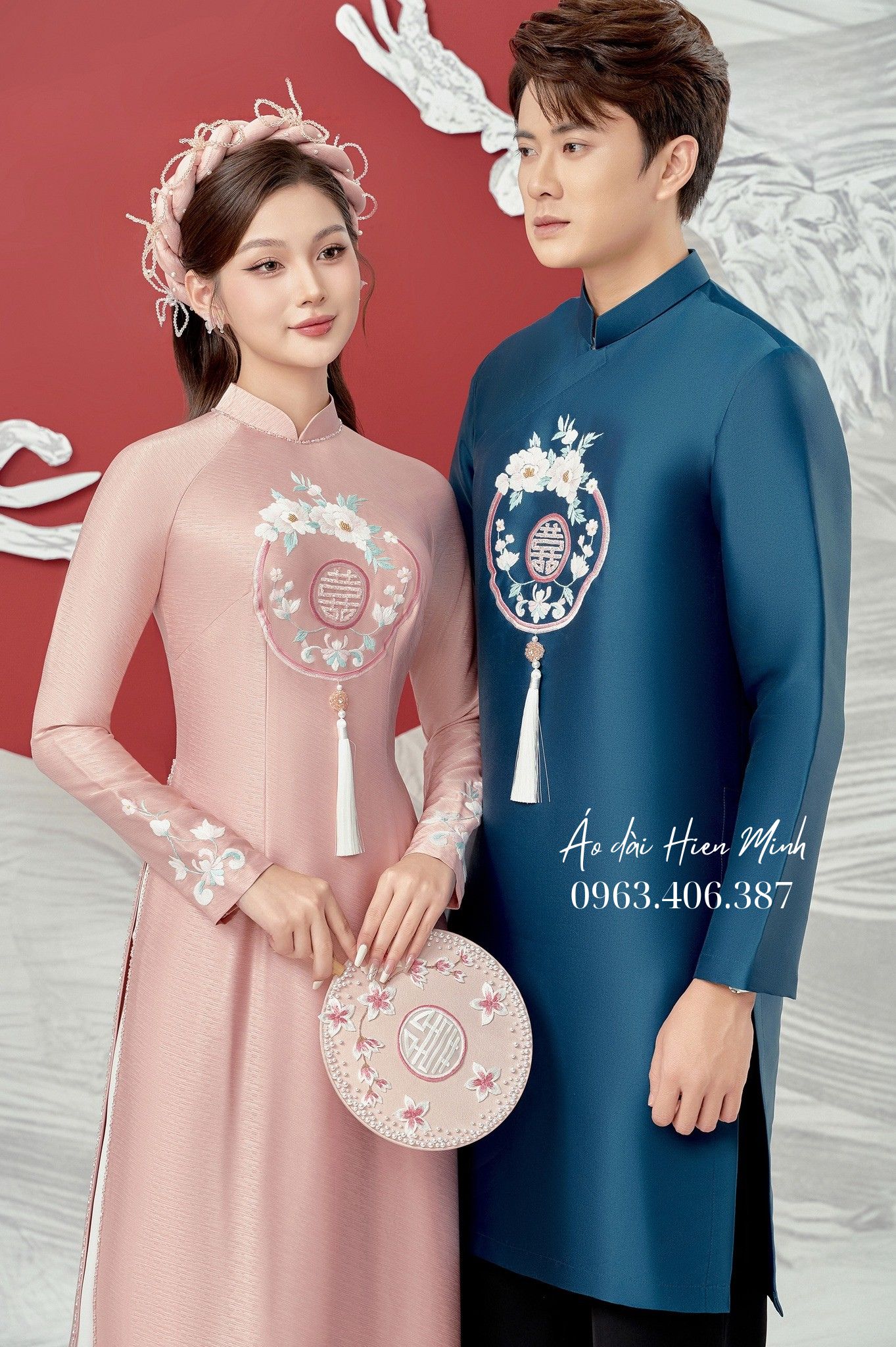 Áo Dài Cưới Đôi  Hồng – Xanh Thêu Tay Cao Cấp