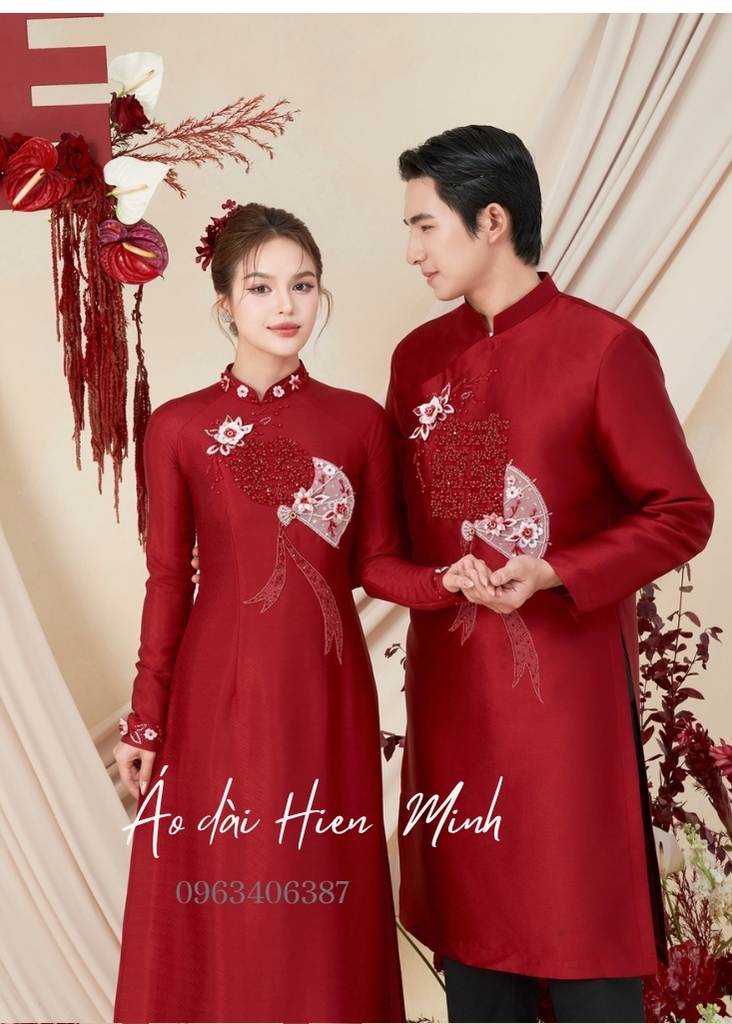 Áo dài cưới đỏ đôi chữ hỷ dành cho cô dâu chú rể