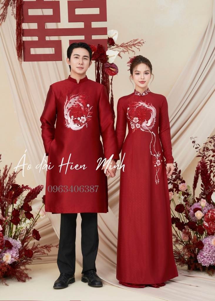Áo dài cưới đôi màu đỏ Phượng hoàng thêu cao cấp dành cho cô dâu chú rể