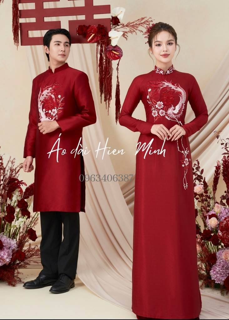 Áo dài cưới đôi màu đỏ Phượng hoàng thêu cao cấp dành cho cô dâu chú rể