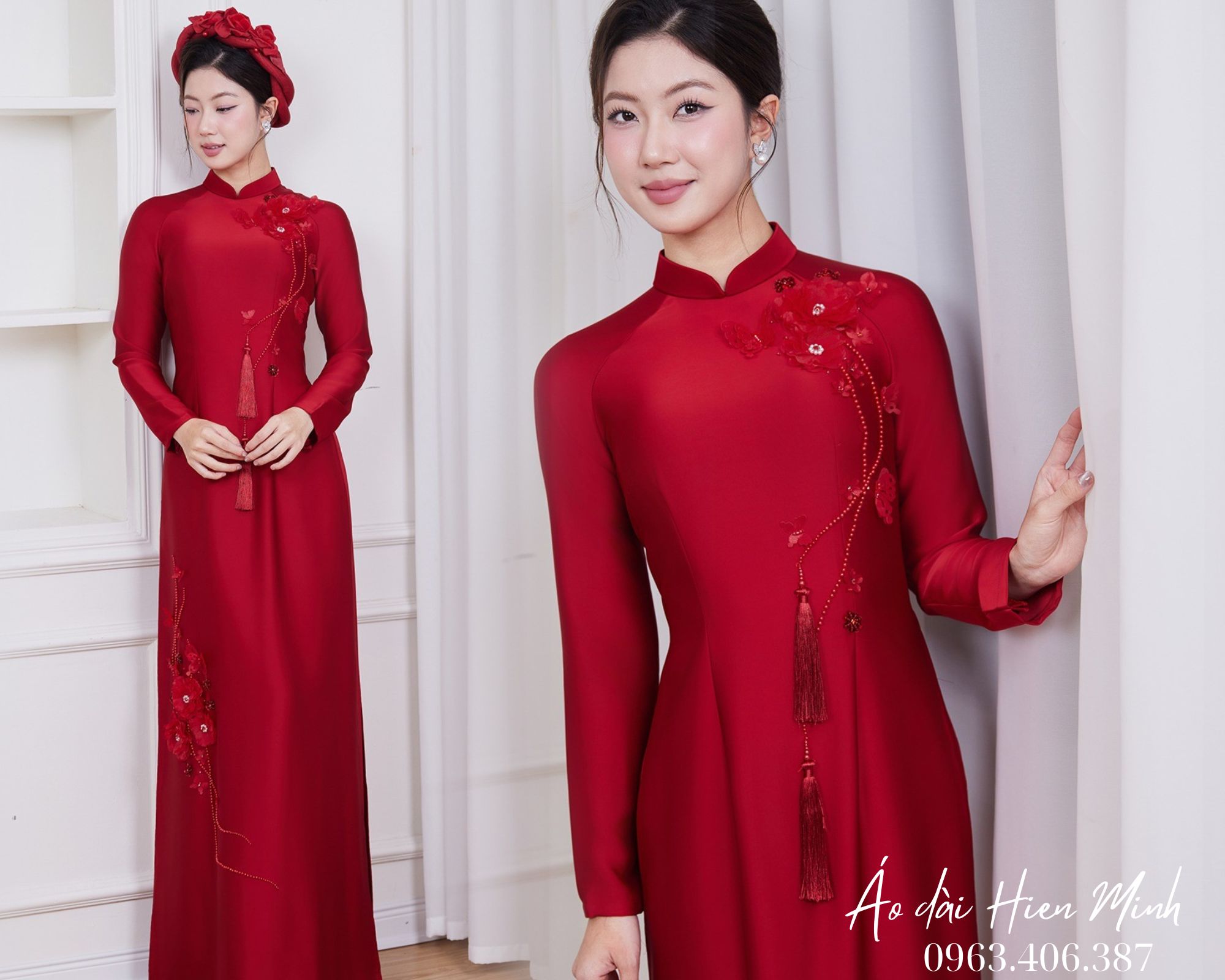 Áo dài nữ màu đỏ đính kết sang trọng, nổi bật cho cô dâu