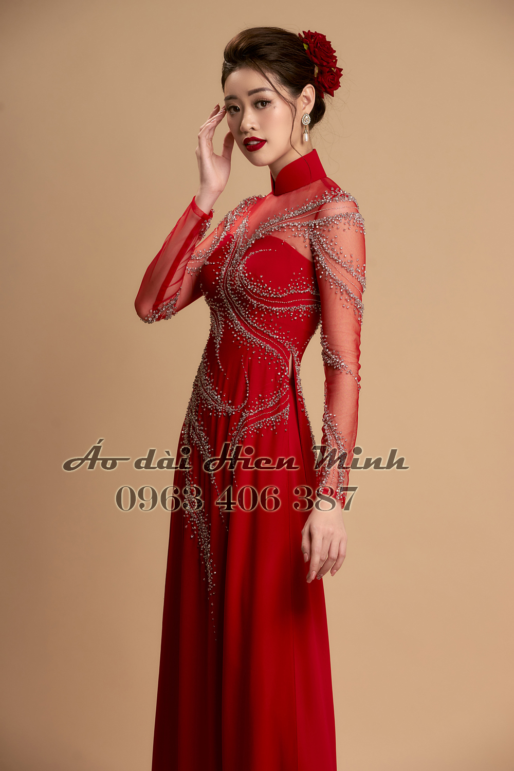Áo Dài Cưới Cô Dâu Đỏ Đô Đính Kết Pha Lê Lấp Lánh - Nét Quyến Rũ Hiện Đại