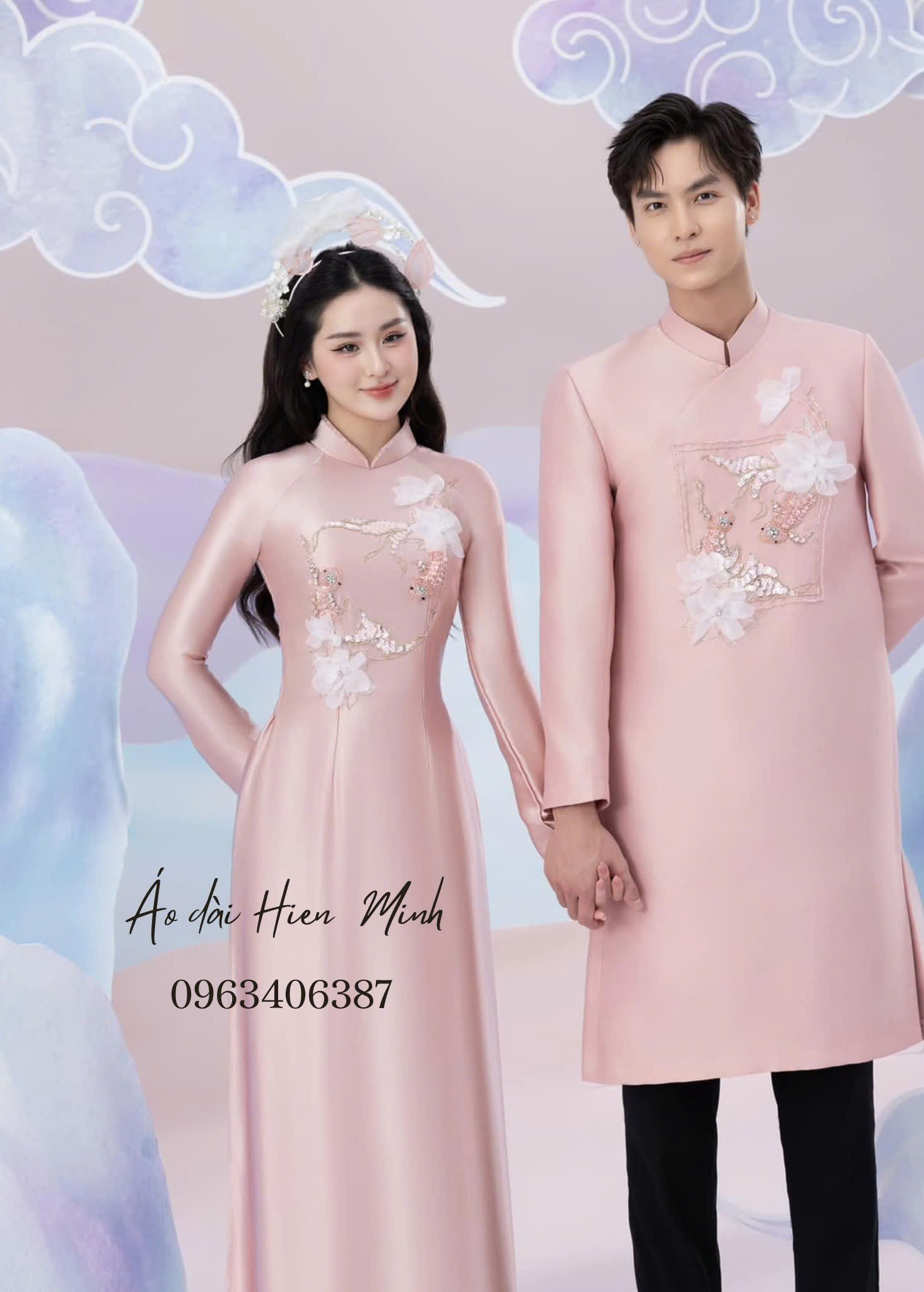 Áo dài cưới đôi màu hồng ngọt ngào, thanh lịch