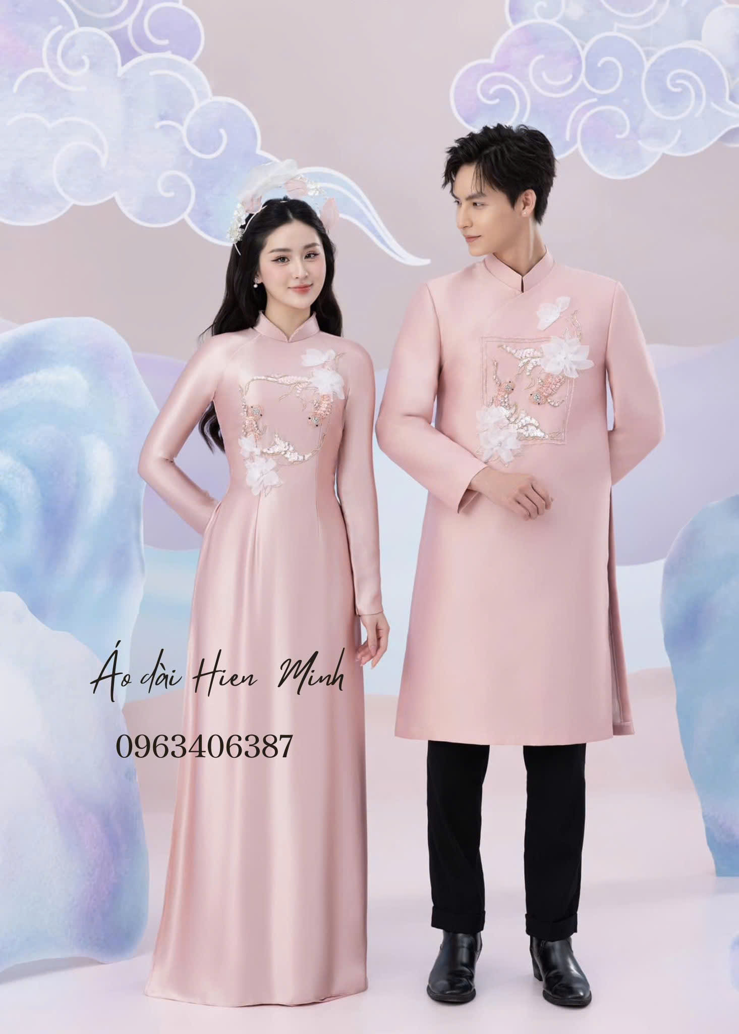 Áo dài cưới đôi màu hồng ngọt ngào, thanh lịch