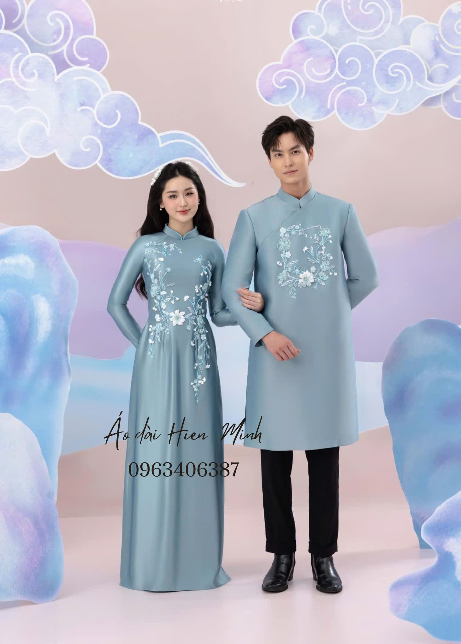 Áo dài cưới đôi màu xanh pastel độc đáo, nổi bật