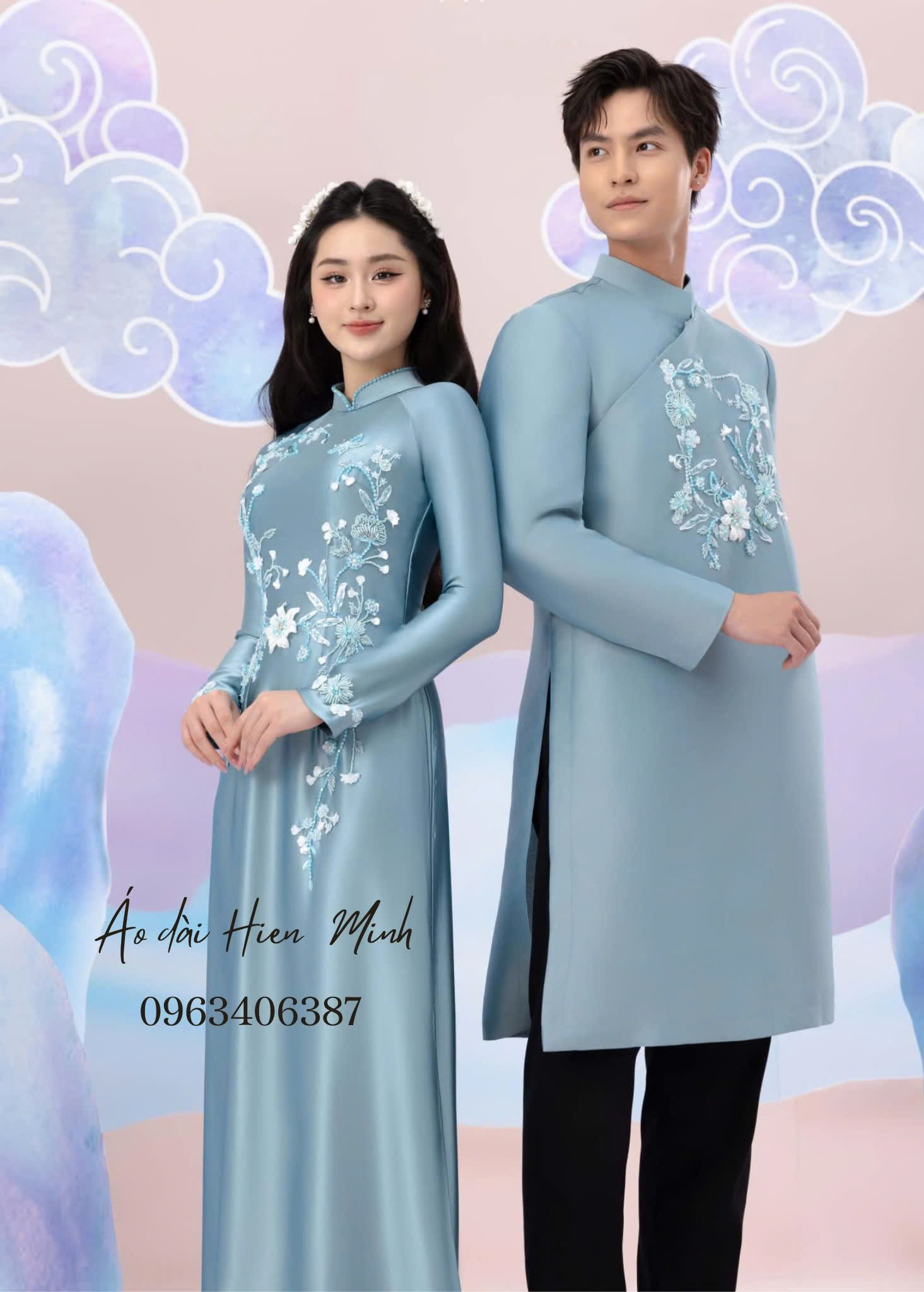 Áo dài cưới đôi màu xanh pastel độc đáo, nổi bật