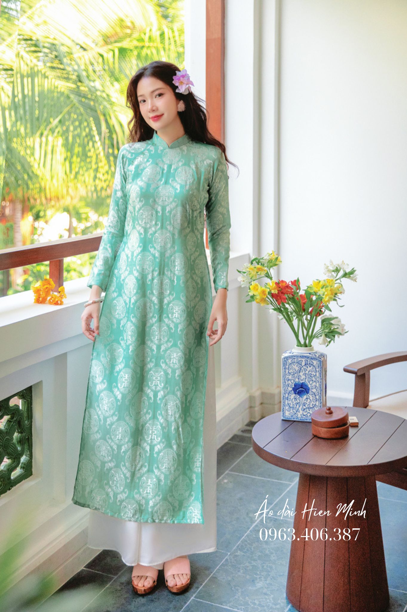 Áo dài nữ màu xanh ngọc  chất vải lụa nha xá cao cấp