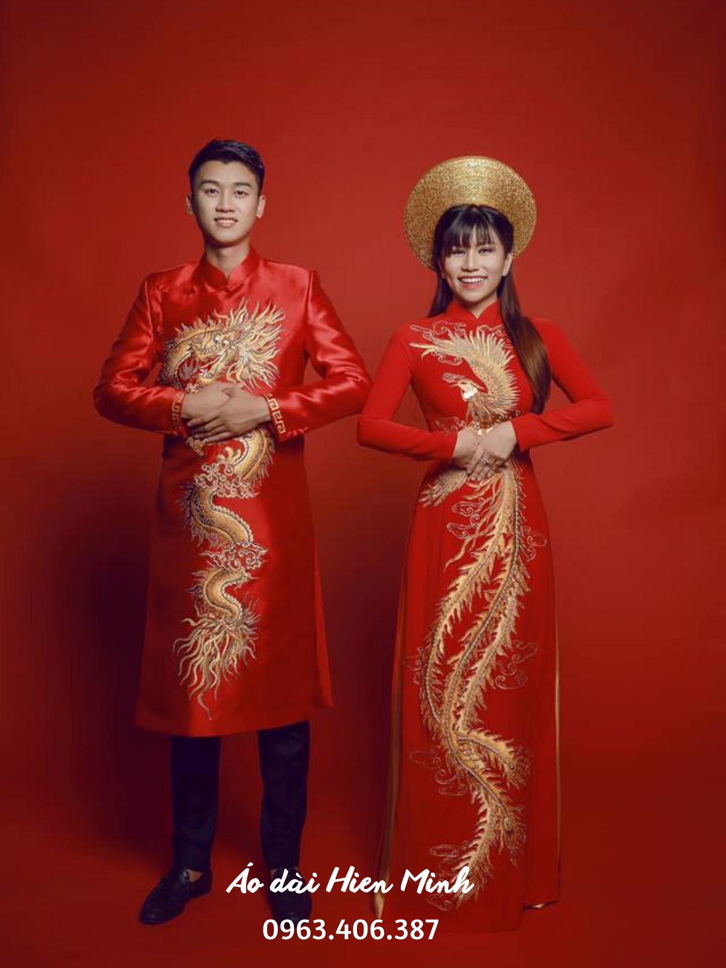 Áo dài cô dâu chú rể hoạ tiết Long Phụng