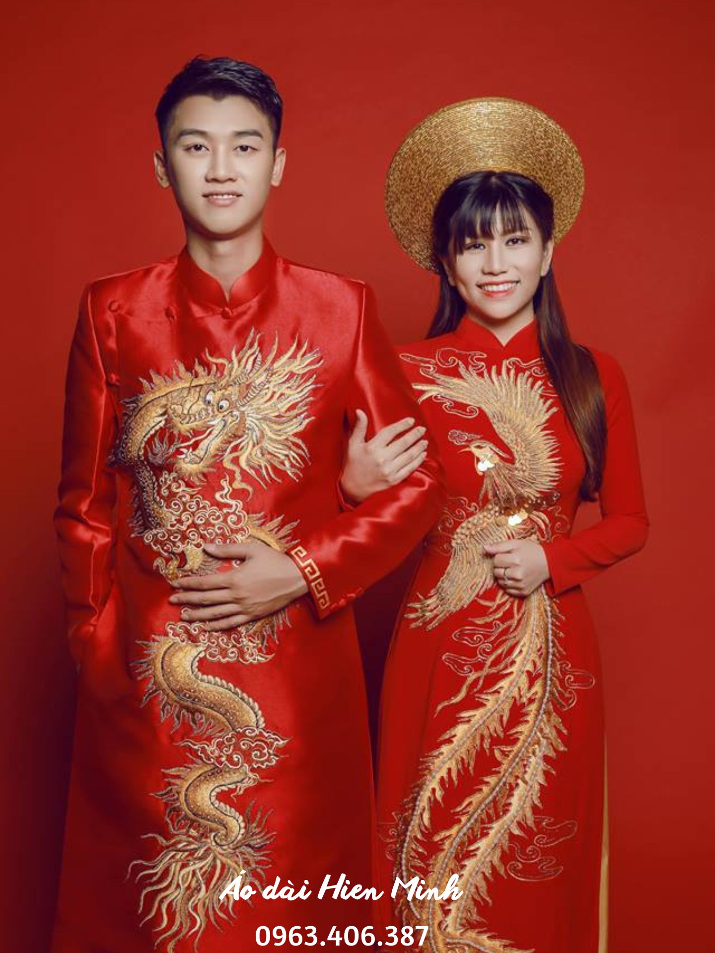 Áo dài cô dâu chú rể hoạ tiết Long Phụng